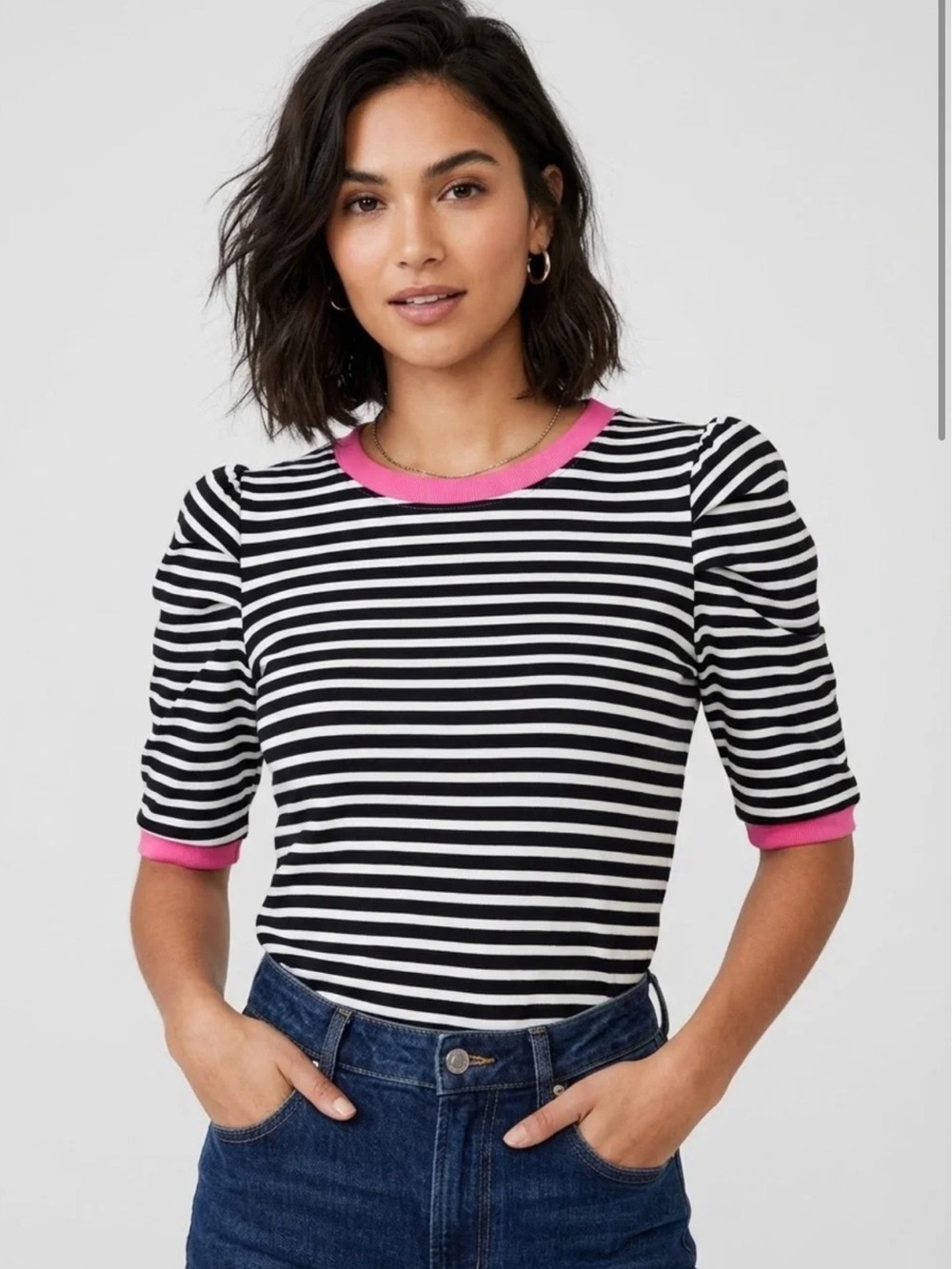 Rebecca Minkoff Striped Ringer Puff Sleeve T-Shirt Tee XL Black White Pink Basic
